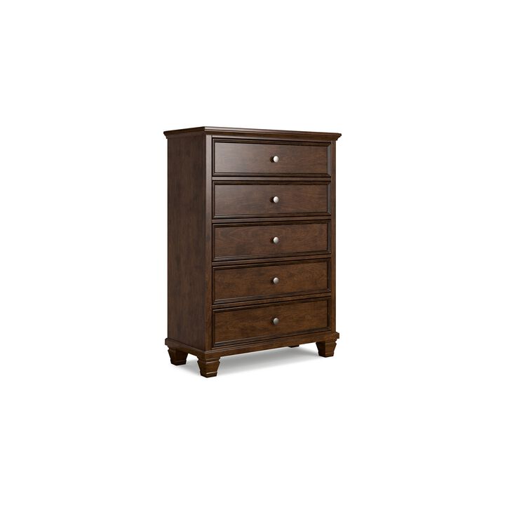 Reno Tall Dresser Chest, 5 Drawer Nickel Round Knobs, Brown Solid Wood - Benzara