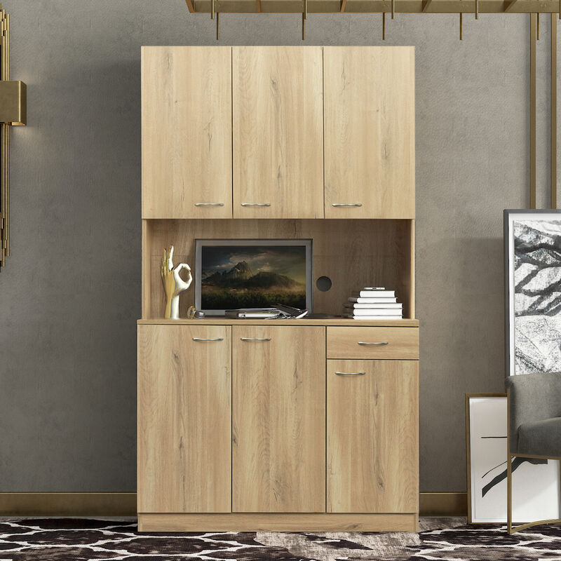 70.87" Tall Wardrobe& Kitchen Cabinet, with 6-Doors, 1-Open Shelves and 1-Drawer for bedroom,Rustic Oak