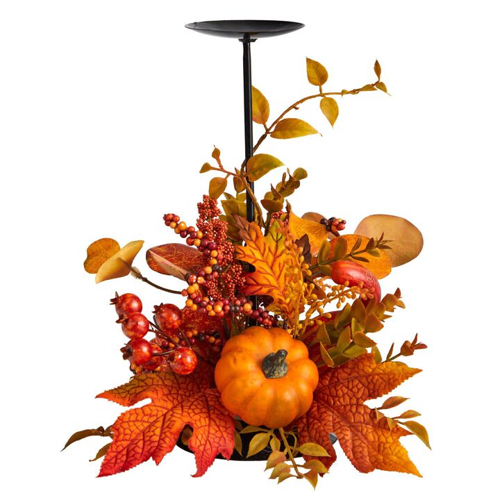 Nearly Natural 12-in Fall Maple Leaves, Berries and Pumpkin Autumn Harvest Candle Holder