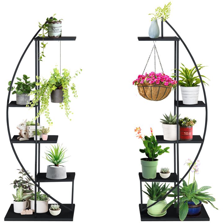5 Tier Metal Plant Stand Half Moon Shape Ladder Flower Pot Holder Shelf for Indoor Outdoor Patio Lawn Garden Balcony Decor, 2 Pack, Black