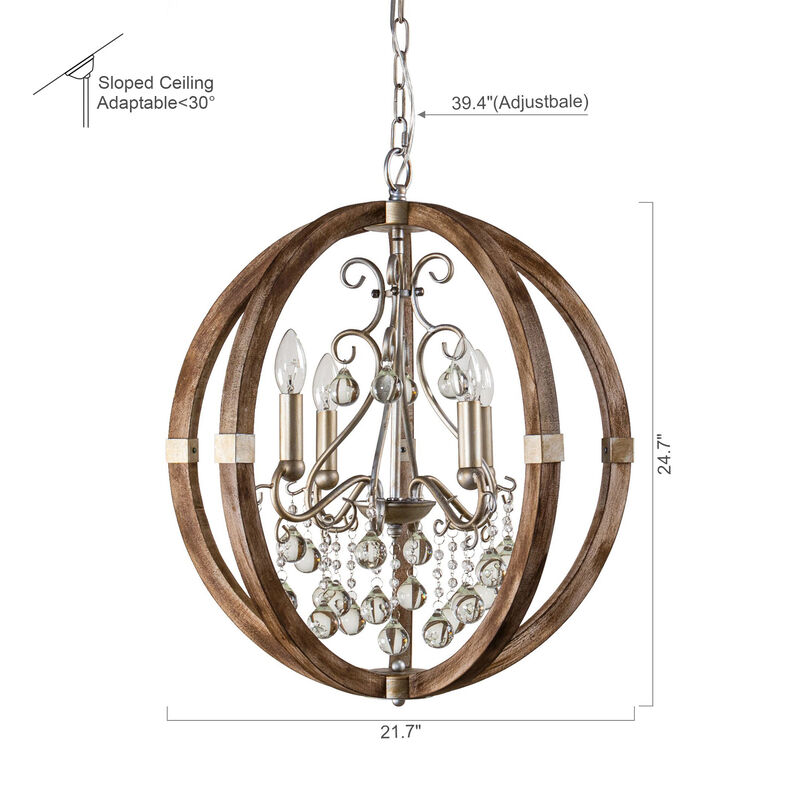 21.7 in. 4-Light Wood Vintage Brown Chandelier