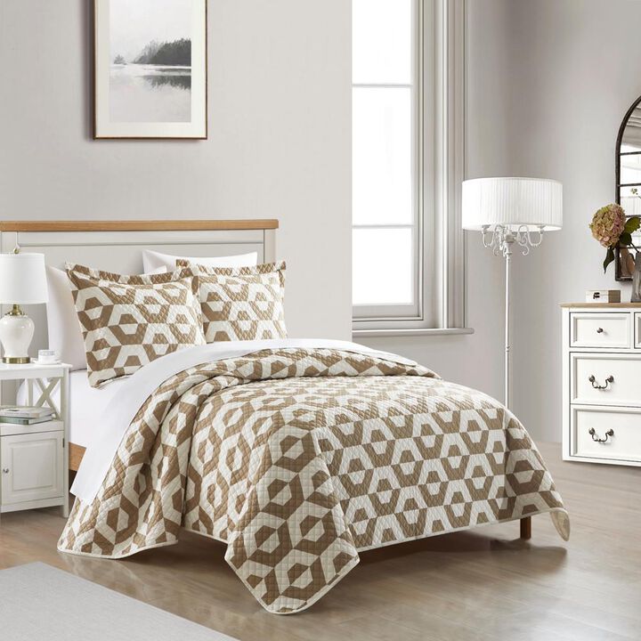 Chic Home Arthur 5 Piece Quilt Set Contemporary Geometric Hexagon Pattern Print Design Bed In A Bag Bedding Twin XL Beige