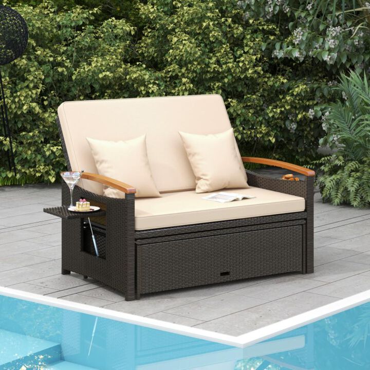 Hivvago Outdoor Wicker Daybed with Folding Panels and Storage Ottoman