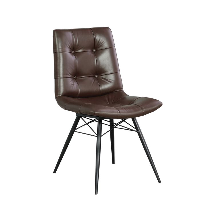 Button Tufted Leatherette Dining Chair with Angled Legs, Set of 4, Brown-Benzara