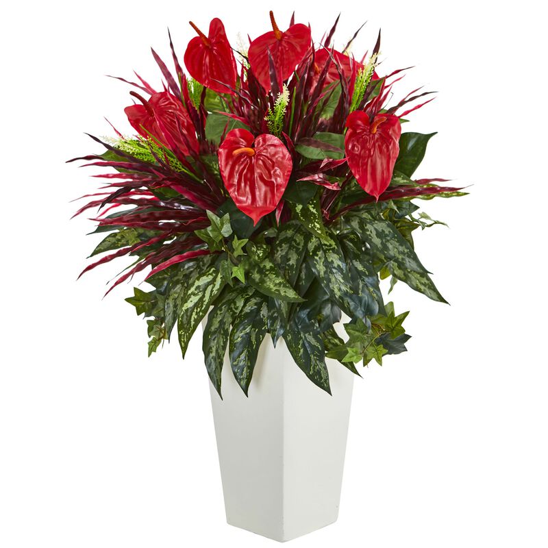 Hivvago Mixed Anthurium Artificial Plant in White Tower Vase