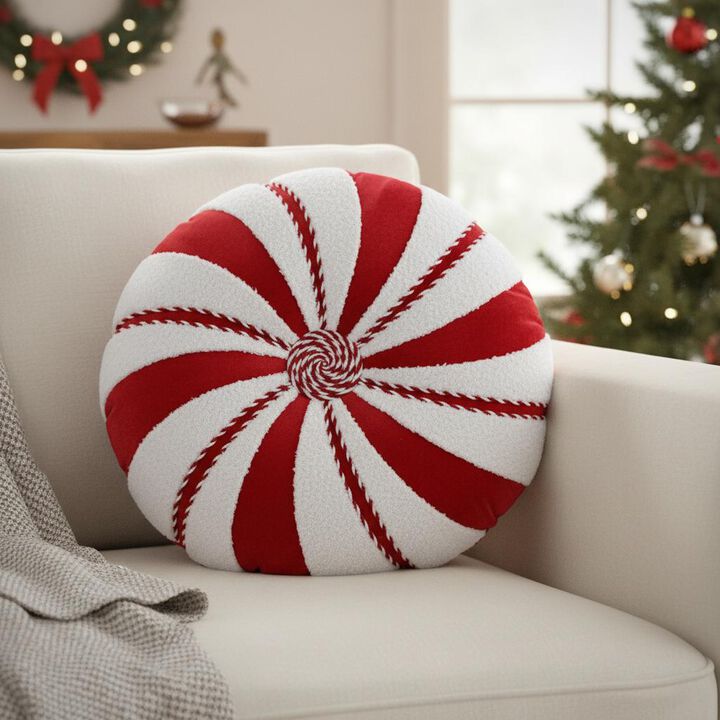 HomeRoots 16" Red And White Cotton Velvet Round Christmas Striped Throw Pillow
