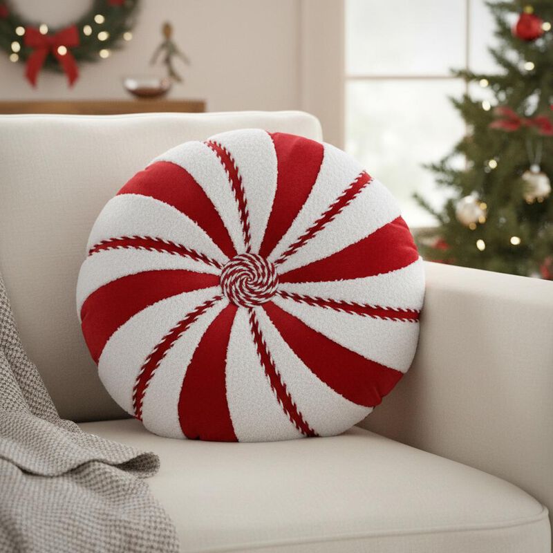 HomeRoots 16" Red And White Cotton Velvet Round Christmas Striped Throw Pillow image number 1