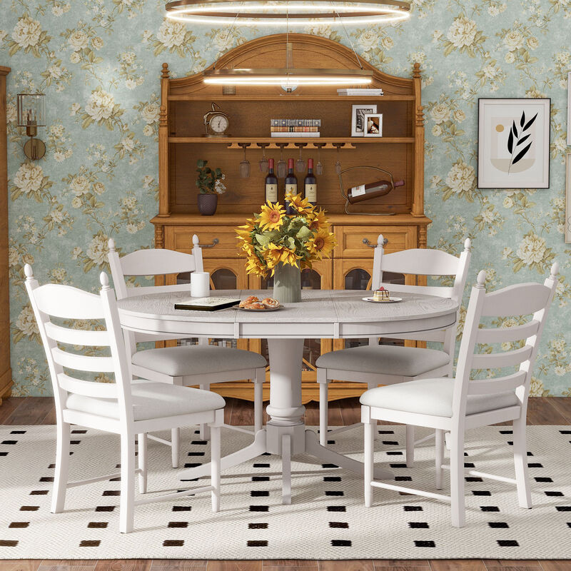 Merax Retro Farmhouse Extendable Rubber Wood Dining Set with Pedestal Table Base & Ladder Back Chairs image number 1