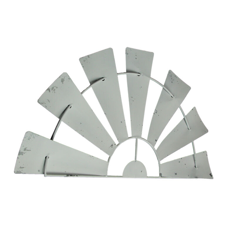 24 Inch Weathered White Metal Half-Windmill Wall Sculpture Rustic Home Decor Art image number 1