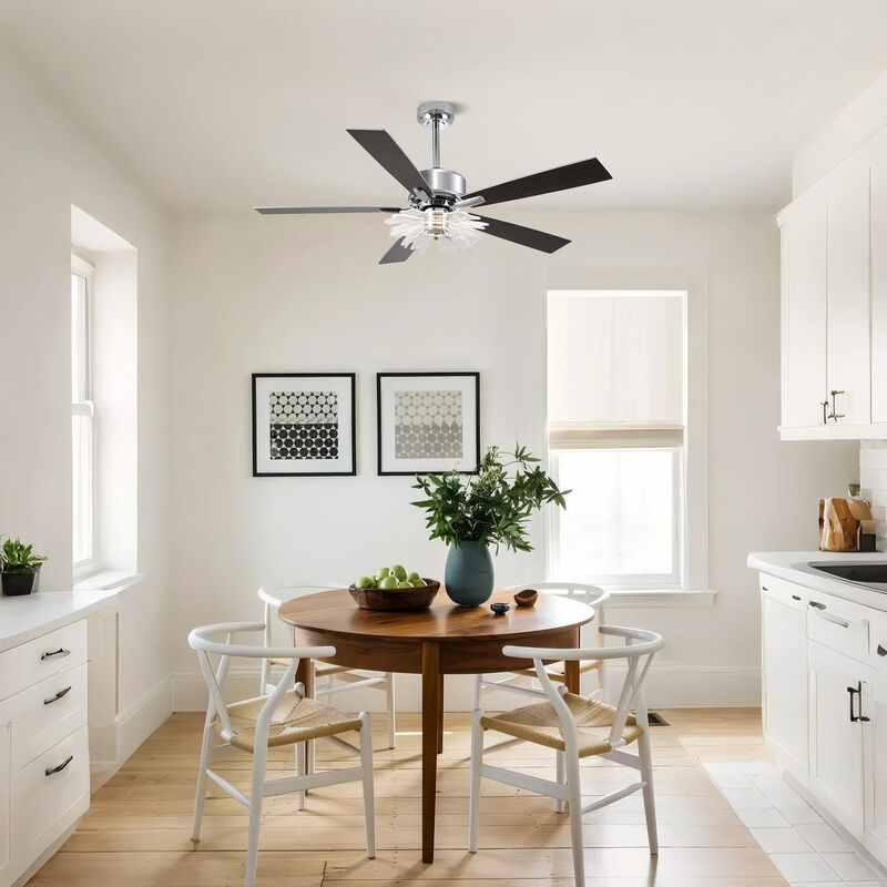 52" Modern Chrome Dimmable Reversible Ceiling Fan with Lotus-shaped Light Guide Plate and Remote