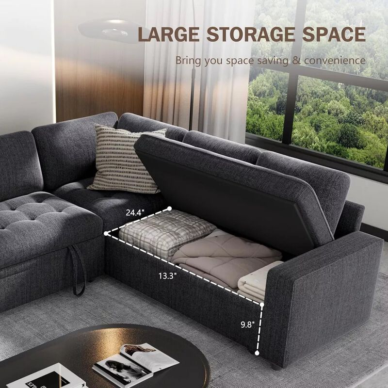 Vipbear 79" 5-Seat L-Shaped Sectional Sleeper Sofa Bed, Chenille Pull-Out Couch with Backrest image number 3