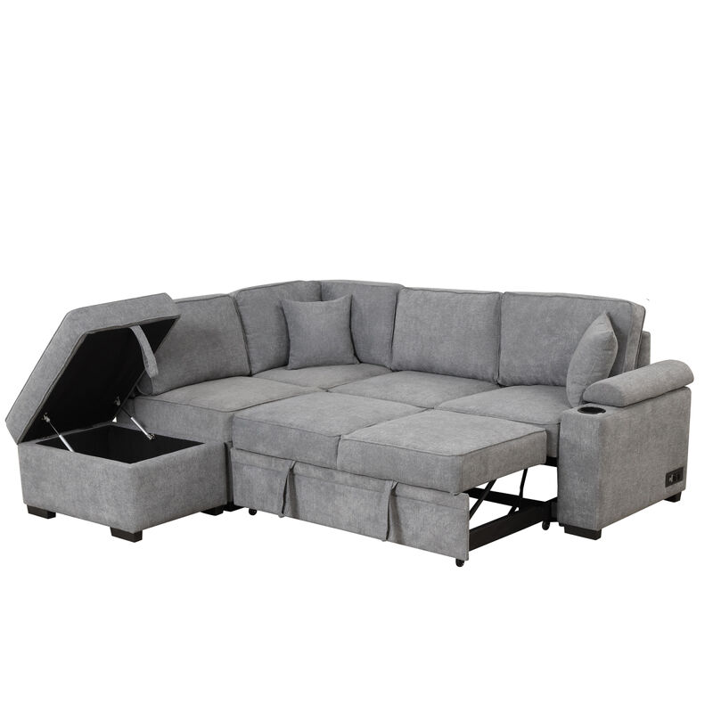 87.4" Sleeper Sofa Bed, 2 in 1 Pull Out sofa bed L SHAPED Couch with Storage Ottoman for Living Room, Bedroom Couch and Small Apartment