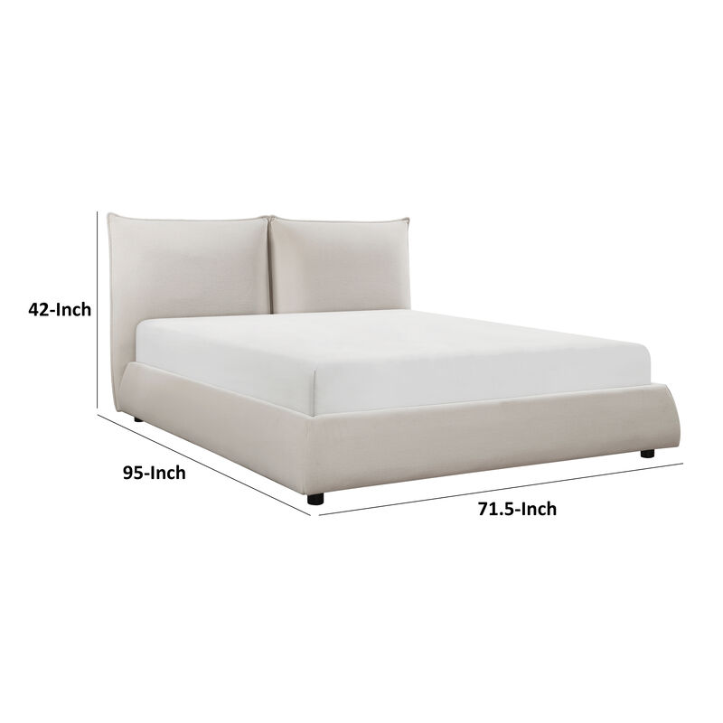 Inna Queen Platform Bed, Beige Chenille Fabric Upholstered Pillow Headboard - Benzara