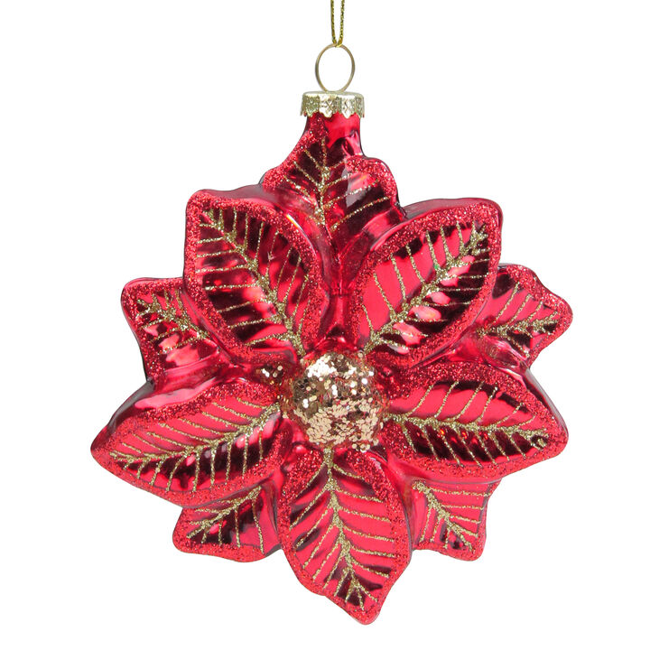 4.5" Red and Gold Glittery Poinsettia Glass Christmas Ornament