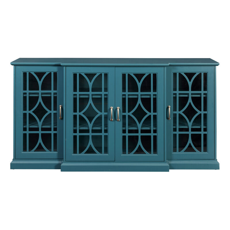 63" TV Stand, Storage Buffet Cabinet, Sideboard with Glass Door and Adjustable Shelves, Console Table for Dining Living Room Cupboard, Teal Blue