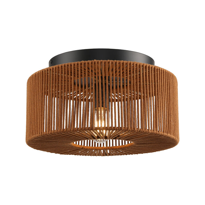 13.8" 1-Light Farmhouse Brown Caged Low Profile Ceiling Light with Cotton Thread Shade for Bedroom,  Dining Room or Entryway