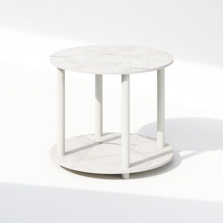 Turn-N-Tube Simple Design 2-Tier Round Wooden Side End Table, Marble White