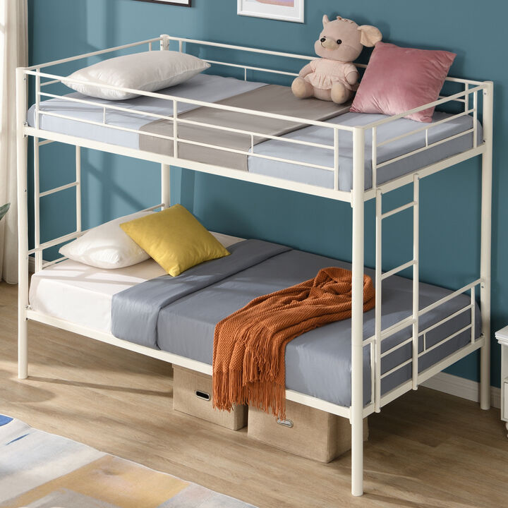 Twin Over Twin Metal Bunk Bed,Metal Structure Bedframe with Safety Guardrails and 2 ladders,Convertible Bunkbeds,No Spring Box Required and Space Saving Design,White