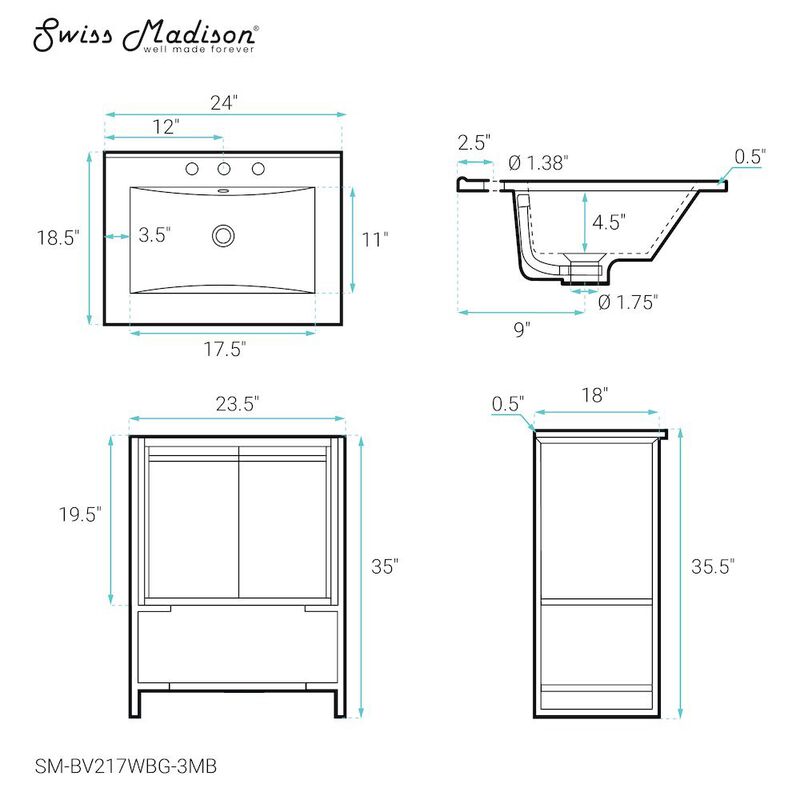 Marseille 24 in. White Bathroom Vanity with 3-Hole Ceramic Sink Top image number 4
