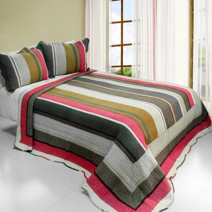 Multicolor Stripe Queen 3PC Cotton Quilted Printed Bedding Set Soft Lightweight Quilt Set