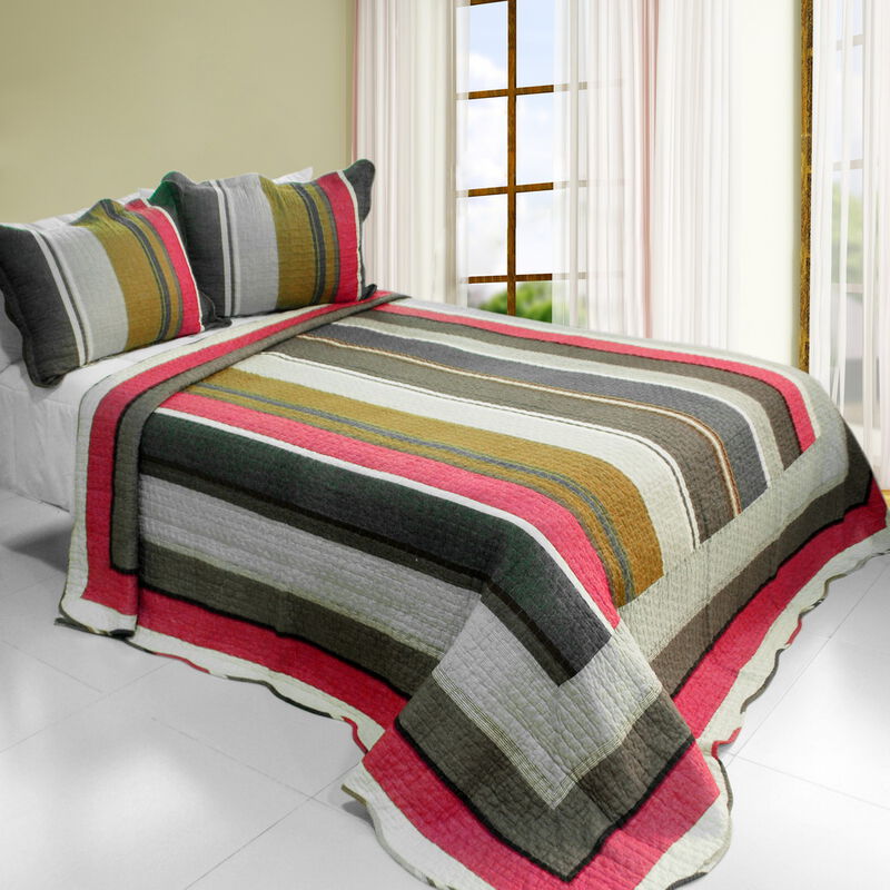 Multicolor Stripe Queen 3PC Cotton Quilted Printed Bedding Set Soft Lightweight Quilt Set image number 0