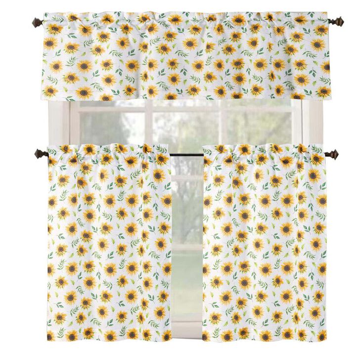 RT Designer's Collection Tribeca Sunflower Printed Slub 3 Pieces Kitchen Curtain Set With 1 Valance 52" x 18" and 2 Tiers 26" x 36" Each Multi Color
