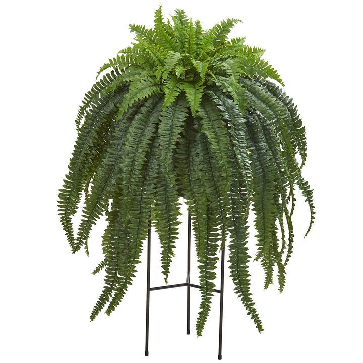 Nearly Natural 44-in Boston Fern Artificial Plant in Stand Black Planter