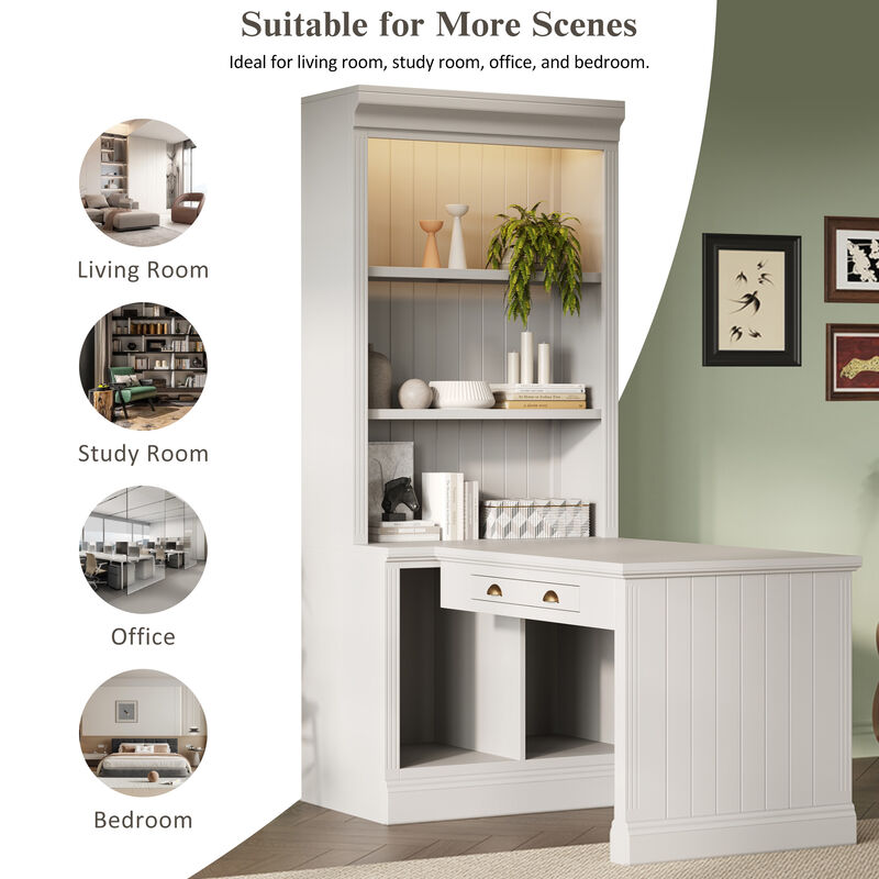 Whisen 83.4" Bookcase with Writing Desk, Modern Bookcase with Storage Shelves, Solid Wood & MDF for Home Office image number 4