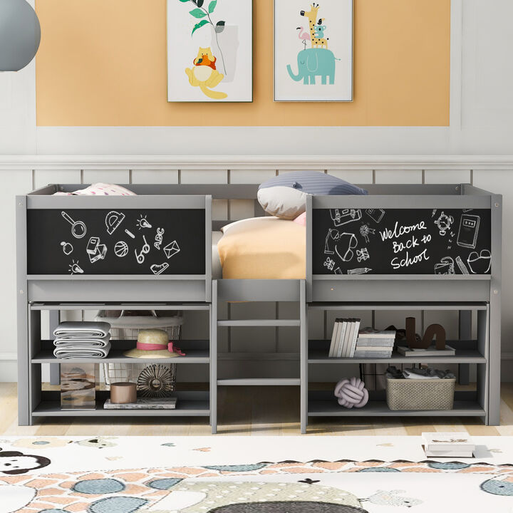 Twin Size Low Loft Bed with Two Movable Shelves and Ladder, with Decorative Guardrail Chalkboard, Gray