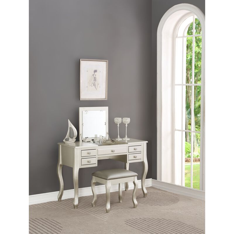 Classic Vanity Set w Stool Silver Color Drawers Open-up Mirror Bedroom Furniture Unique Legs Cushion Seat Stool Vanity