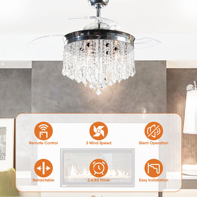 42" Modern Chrome Crystal Ceiling Fan Chandelier with Remote