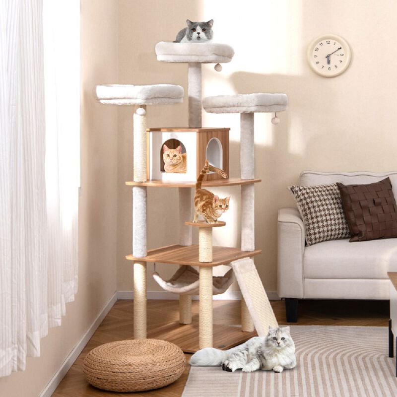 Tall Cat Tower with Triple Perches, Enclosed Condo & Durable Scratch Poles