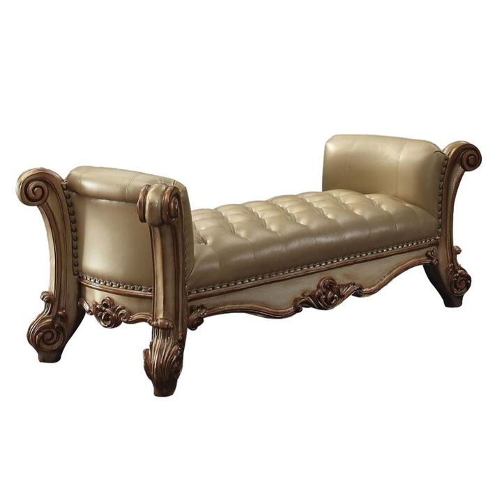 Simple Relax Upholstered Bedroom Bench with Button Tufted Seat in Bone and Gold Patina