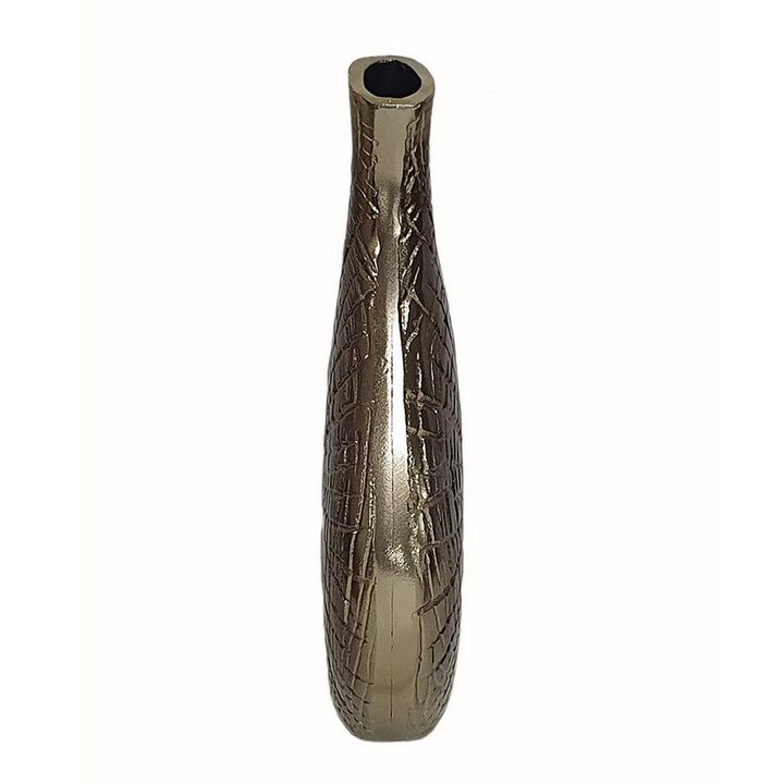 Zelo 11 Inch Decorative Vase, Aluminum, Webbed Design, Bottleneck, Gold - Benzara