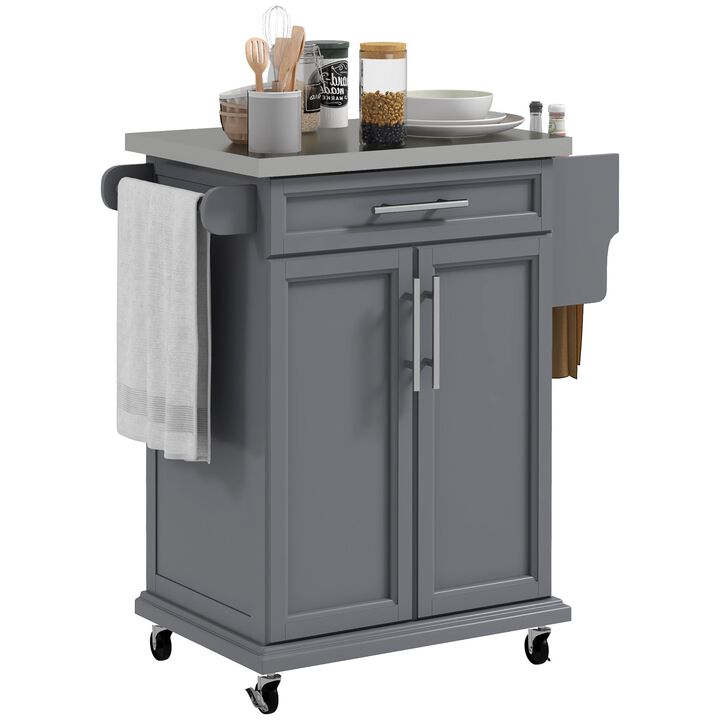 Gray Kitchen Island Cart: Drawer, Stainless Top, Utility Storage