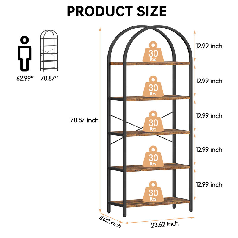 Modern Industrial Arched 5-Tier Open Bookshelf, Curved Metal Frame Freestanding Storage Display Shelf for Living Room, Bedroom & Home Office image number 5