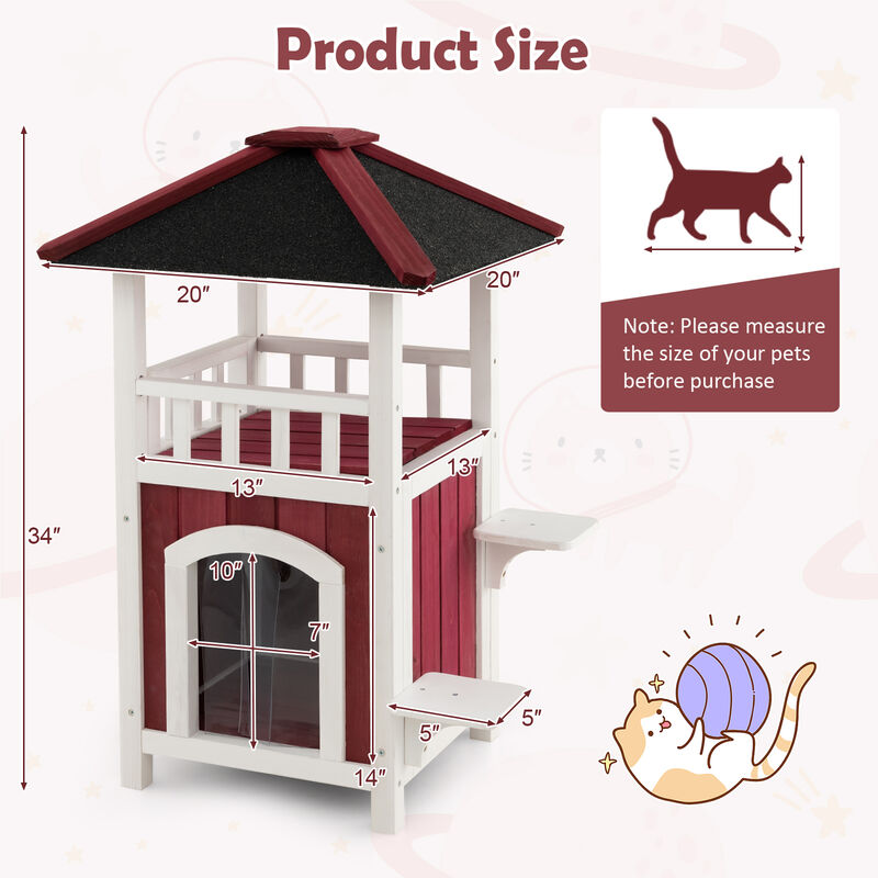 Outdoor 2-Story Wooden Cat House with Balcony, Roof & Rain Curtain &ndash; Red image number 2