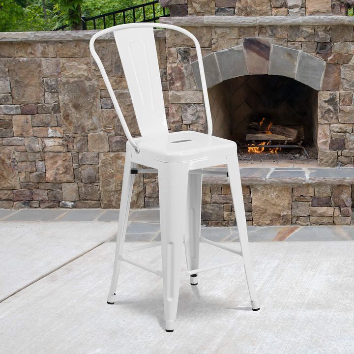 Flash Furniture Commercial Grade 24" High White Metal Indoor-Outdoor Counter Height Stool with Removable Back