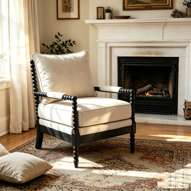 Modern accent chair in fabric and rubberwood, Spindle back chair with foam cushion, Upholstered chair for bedroom office living room image number 3