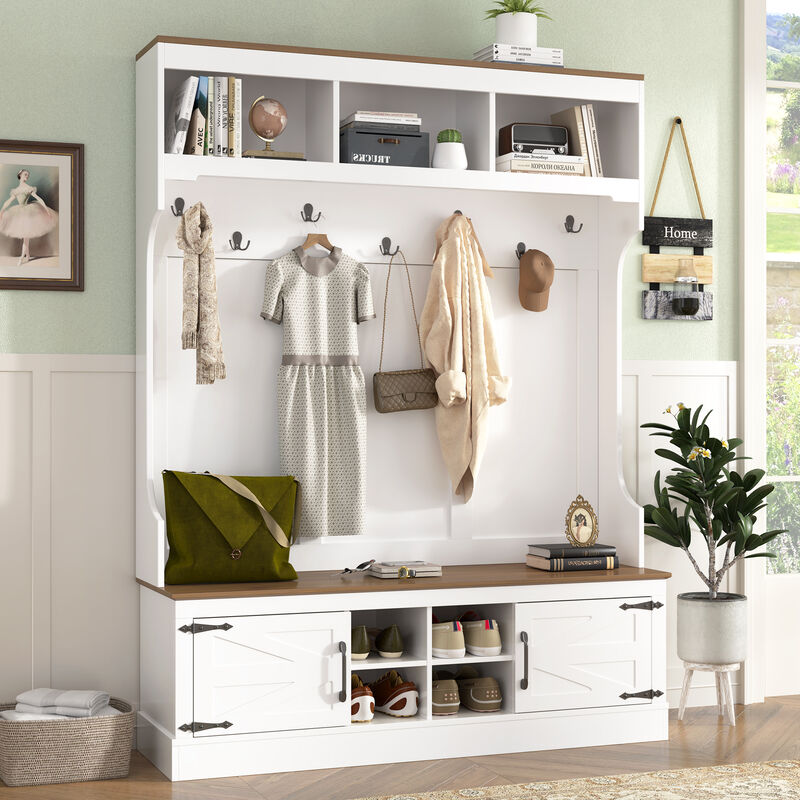 Merax All-in-One Entryway Storage Unit with Seating Bench, Coat Hooks & Shoe Rack image number 2