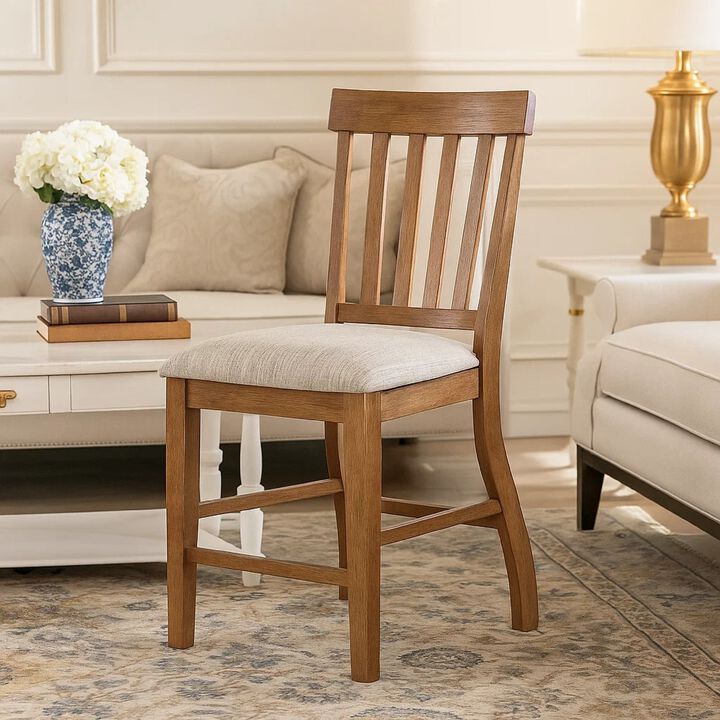 Counter Height Chair Set of 2, Brown Slatted Back, Gray Polyester