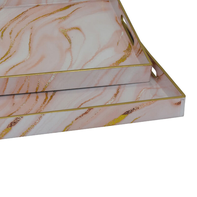 Hamza Rectangular Tray, Set of 2, Pink-Gold Marble Finish Polyurethane image number 3