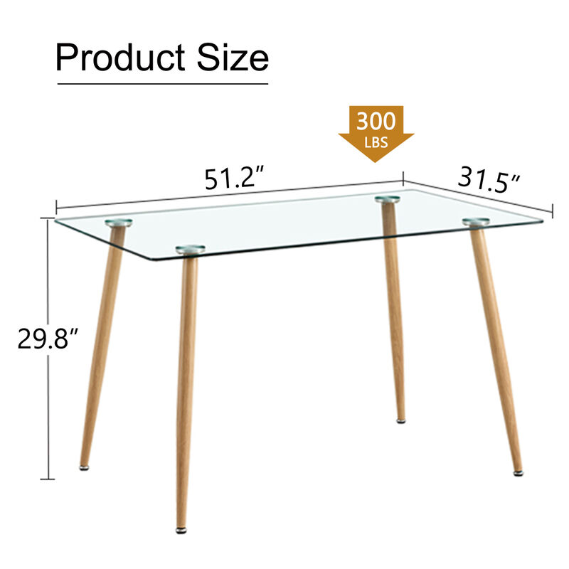 Modern Rectangular Glass Dining Table for 46 with 0.31" Tempered Glass Tabletop and Wood colored metal legs, Writing Table Desk, for Kitchen Dining Living Room