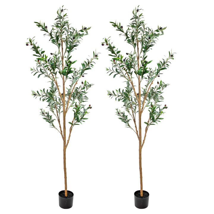 Sunnydaze Indoor Artificial Olive Tree with Silk Leaves - 6 ft - Set of 2
