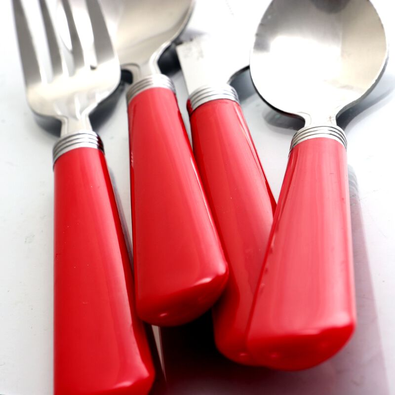 Gibson Sensations II 16 Piece Stainless Steel Flatware Set with Red Handles and Chrome Caddy