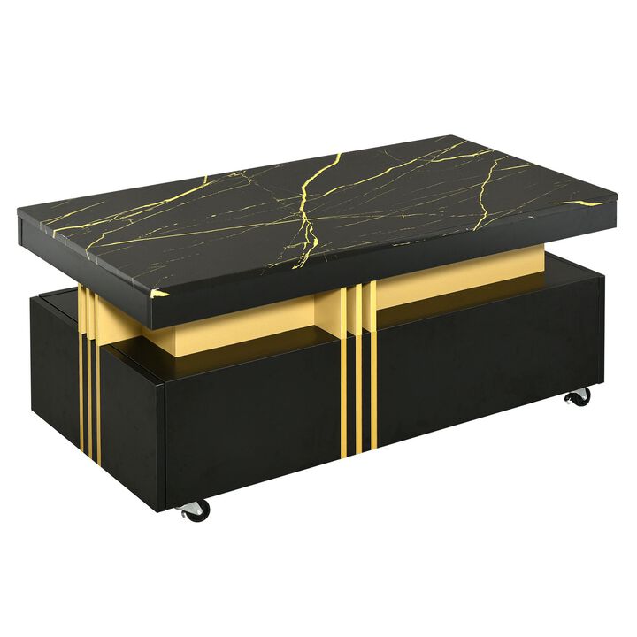 Contemporary Coffee Table, Rectangle Cocktail Table with Caster Wheels for Living Room