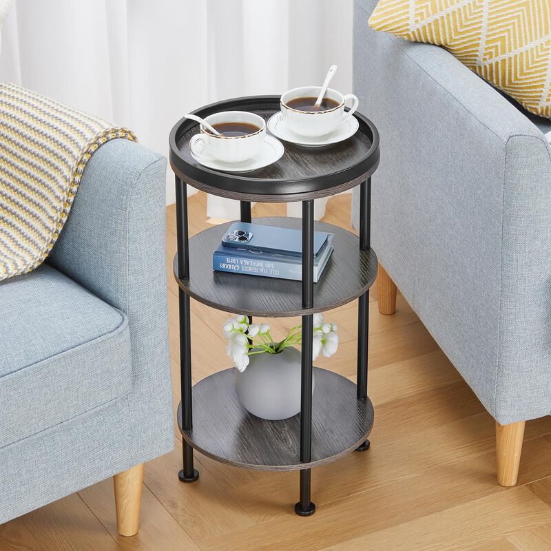 Grey Modern 3-Tier Round Accent Table - Slim Corner Table for Small Spaces, Living Room or Bedroom