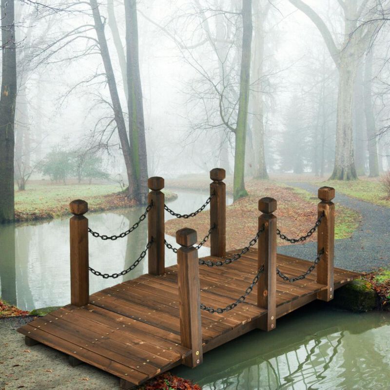 Hivvago 5 Feet Wooden Garden Bridge Arc Footbridge Stained Finish Walkway with Safety Rails