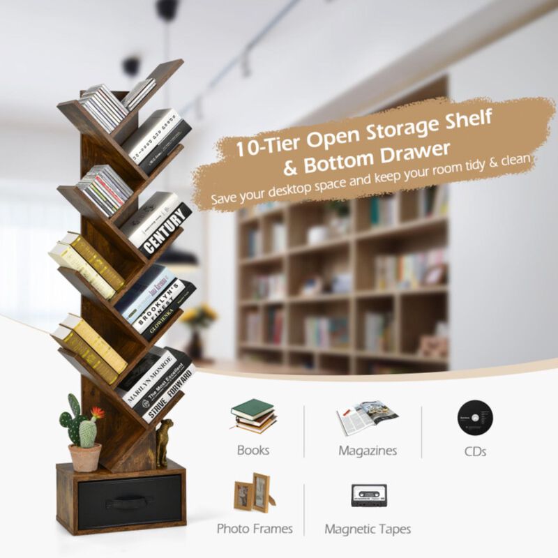 Hivago 10-tier Tree Bookshelf with Drawer Free-standing Storage Bookcase