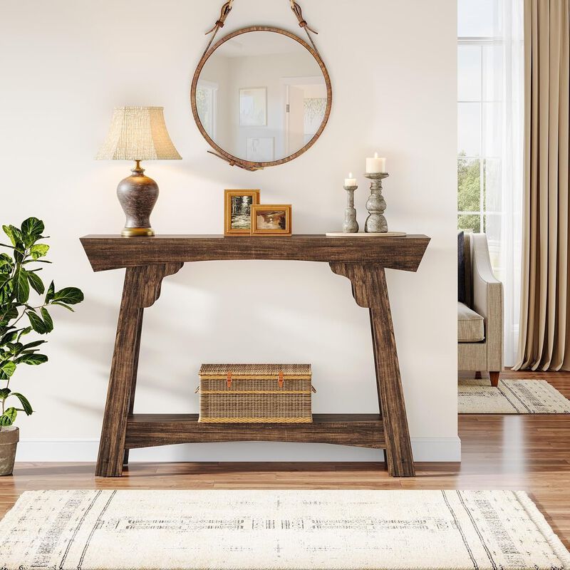 Tribesigns Farmhouse 2-Tier Wood Console Table with Storage Shelf image number 3